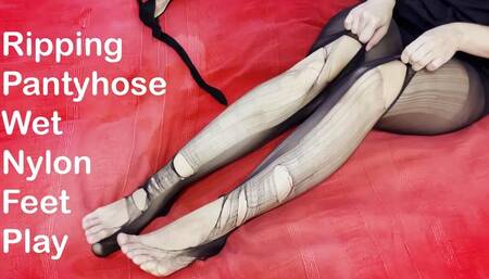 Pantyhose ripping, stretching pantyhose, nylon ripping, wet pantyhose, nylon feet play