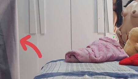 The stepfather really wanted to see his stepdaughter naked! But she catches him masturbating behind the curtain