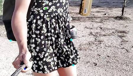 Sexy ladyboy legs and mini dress with sandals in hot public