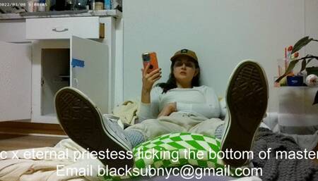 white female master has N slave lick the bottoms of her converse