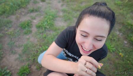 Ponytail Brunette Sucks Cock Outdoors