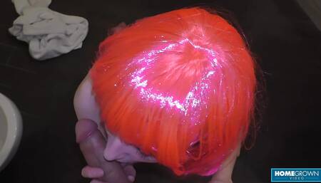 Sexy Miss Pink Kneels Down For A Cock Sucking Session