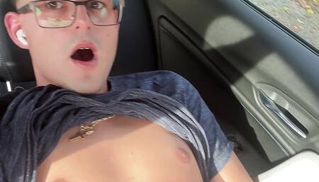 German twink boy jerks off and cums hot in the car