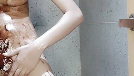 taking shower with dark chocolate and body playing foot massage