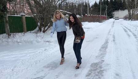 High heels sandals on ice, high heels on snow, girls on ice, girls walking on snow, slippery high heels