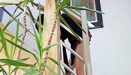 Sexy French sluts rides dick on the stairs