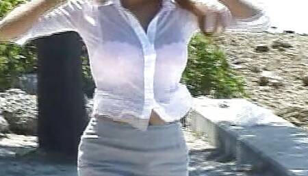 Busty blonde masturbates before blowing a guy while another one fucks her