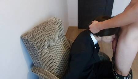 Wealthy Daddy Calls Bellboy and Fucks Him in the Mouth with His Big Cock