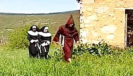 Two nuns love to fuck in threesome outdoor