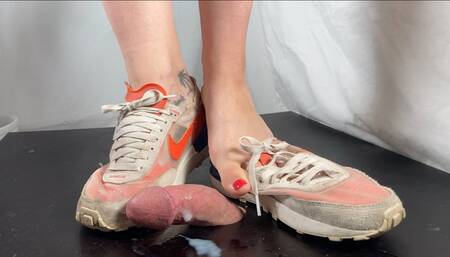 A Shoejob and cock domination Dream in Sneakers - Tramplegirl is giving a shoejob and CBT experience in her well worn and dirty Nike Waffle sneakers - inshoe views and POV angles- slavecam - 4k quality