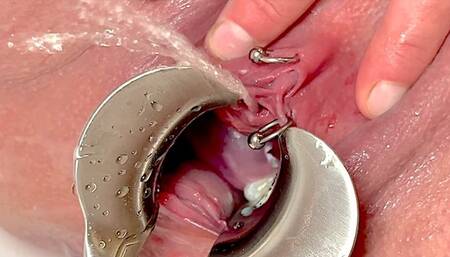 Strong Stream PEE from my spread out Pussy by Speculum