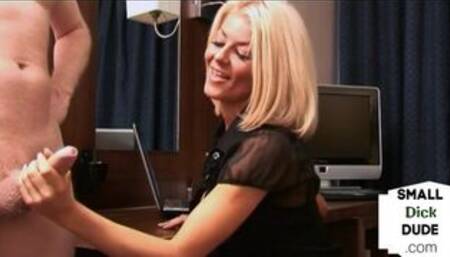 Small dick mistress wanking in office in erotic couple