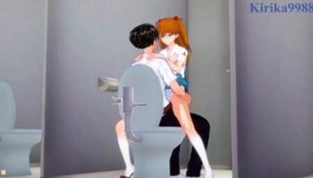 Asuka Langley Soryu and Shinji Ikari have deep sex in the school bathroom. - Evangelion Hentai