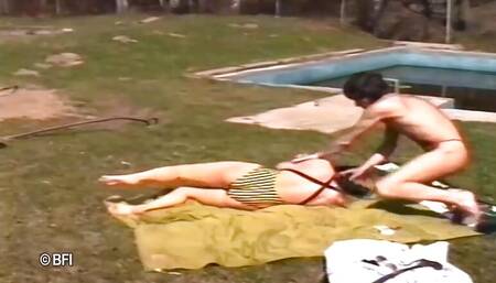 Girl like to suck and gets spanked outside.