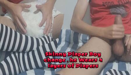 Skinny Diaper Boy change , he Wears 4 layers of Diapers