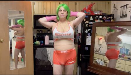 Sexy tranny models her new Hooters outfit