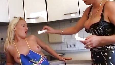 Hot Waxing and Spanking Femdom Session in the Kitchen