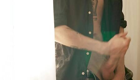 Tattooed guy strokes his huge dick after college class - load moaning and cumshot