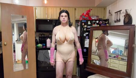 One-piece swimsuit haul modeled by shemale.