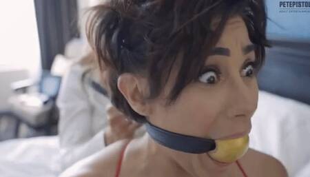 Enchantress Sahrye gets dominated by Alba: tied, ball gagged and fondled