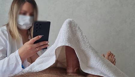 She did not expect that his penis could wake up from a massage, and make handjob for him