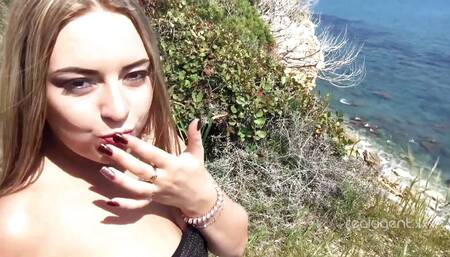 Naughty Blonde Babe Rubs Her Muff Till Orgasm at Ocean Coast