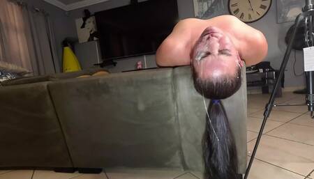 Face fucked whore gets dick stroked while in her throat, throatpie.