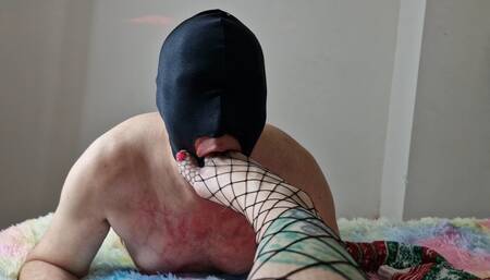 Foot fetish. Slave worships his Mistress' feet. Foot kissing, toe sucking, foot domination. Fetish slave