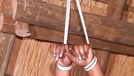Mature ebony German bitch tied up and fucked by dildo