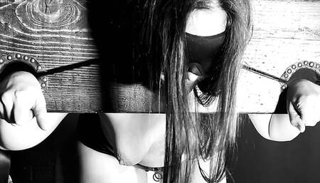 Topless Blindfolded Brunette Sex slave in stocks sucks cock and gets fucked