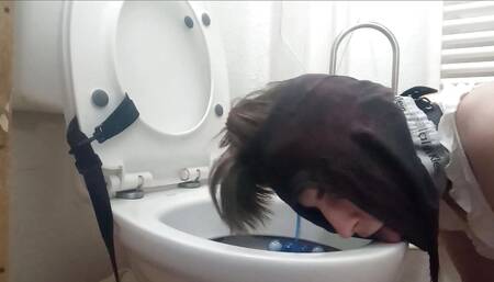 Femboy slave licks dirty toilet clean