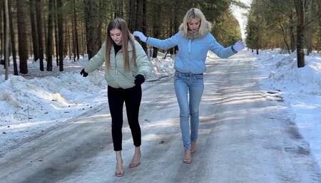 High heels on ice, flip flops on ice, sliding heels on ice, girls on ice, high heels sliding on ice