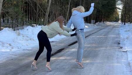 Platform shoes on ice, clear platform shoes, heelless shoes on ice, girls on ice, sliding fetish