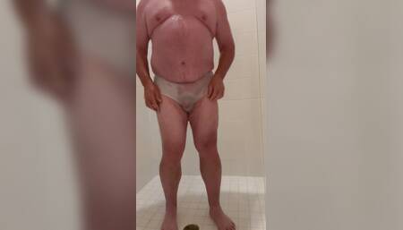 Watch Daddy Shower in sheer underwear and butt plug