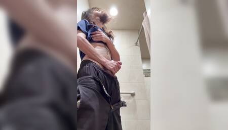 hairy boy jerks it in shower at work