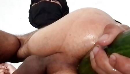 The fiery hole was torn apart by a huge vegetable from the garden!