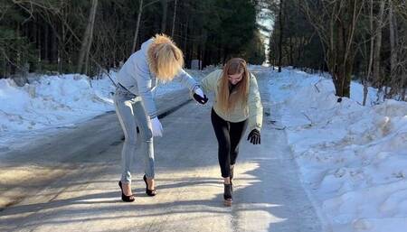 Heelless shoes on ice, platform shoes on ice, zanotti platform on ice, girls on ice, heels on ice