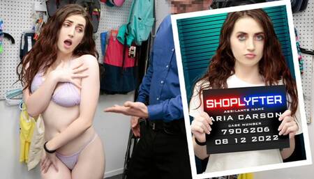 Shoplyfter - Perv Officer Moves Cute Thief Aria Carson's Purple Thong And Drills Her On The Desk