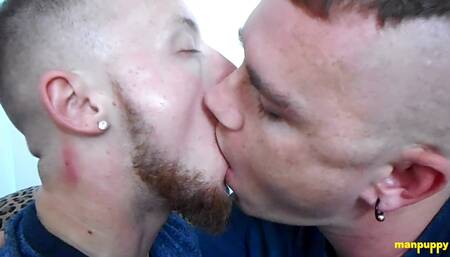 Two Hunks Slurps Each Others Tongue In An Intense Kiss