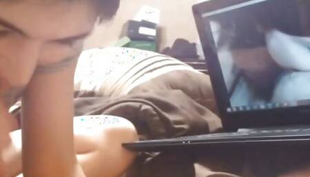 Amateur wife sucks and jerks cock while watching her homemade porn