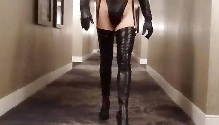 Hotel walk in skimpy leather and cum in Stairwell