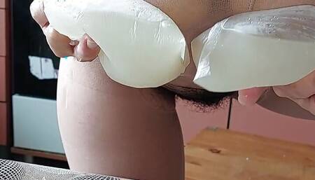 Sexy amateur wife in the fitting room trying on clothes. Hairy pussy wife, big ass, big tits.