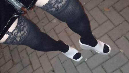 latex mini and lace tights with platform wedges