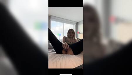 Horny petite blonde rips her leggings to fuck herself