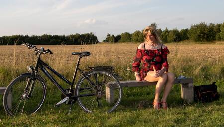 Daring Biking in Sheer Chiffon Nylon Stockings and Dildo