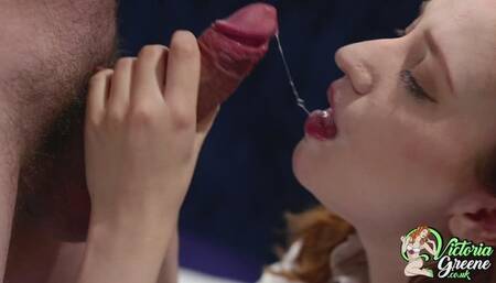 Close Up Super Sloppy Blowjob and Huge Facial From Sexy Redhead