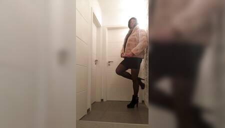 Nicki-Crossdress - black mini dress, high heels and new jacket