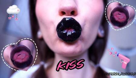 Goth girl kisses with phat black juicy lips