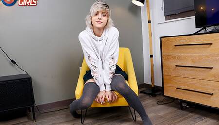 GROOBYGIRLS - Blonde Tgirl with pink nipples masturbates