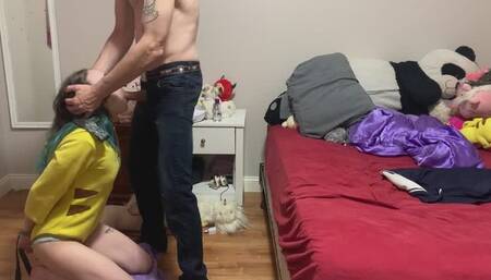 teen gets blindfolded and tied up step dad uses her mouth and feet on his big cock